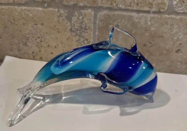 Hand Blown Art Glass Aqua-Blue Swirl Jumping Dolphin Figurine Paperweight 5"