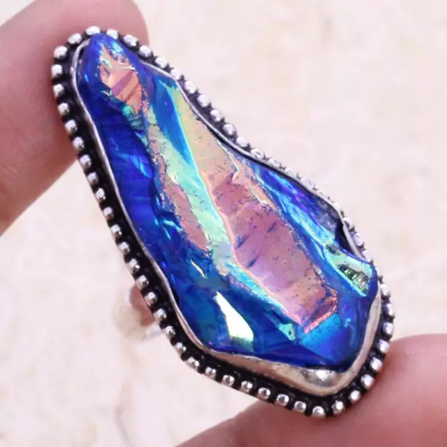 Color Boost Titanium Druzy 925 Silver Plated Handmade Ring of US Size 7.5 Ethnic