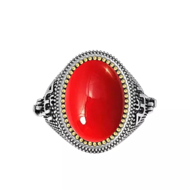 925 Sterling Silver "Allah is One" Signet Mens Ring Red Coral Stone Handcrafted