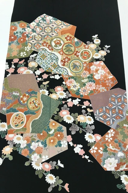 @@ Japanese kimono silk fabric/ tomesode black/ floral B65