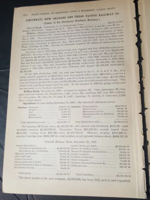 1888 train report CINCINNATI  NEW ORLEANS & TEXAS PACIFIC RAILWAY Chattanooga TN