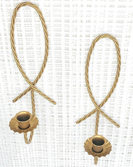 Two Vintage Twisted Metal Brass Color 12 Inch Wall Decor Taper Candle Holders