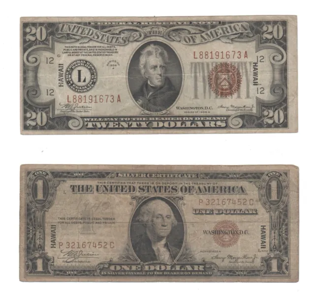 1934-A $20 & 1935-A $1 HAWAII ISSUE Silver Certificates - No Reserve!