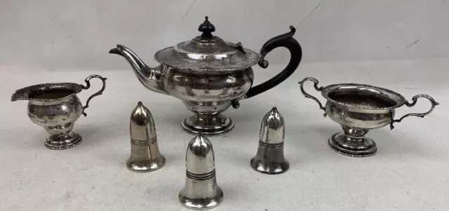 Vintage silver plated 3 piece tea set teapot sugar bowl milk jug + salt pepper