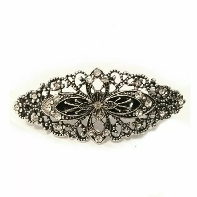 Large Antique Filigree Silver Flower Crystal Barrette Bridal Hair Clip Diamante