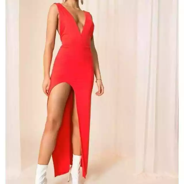 Superdown Erika Maxi Dress Womens Large Red Deep V-Neck High Slit Jersey Knit