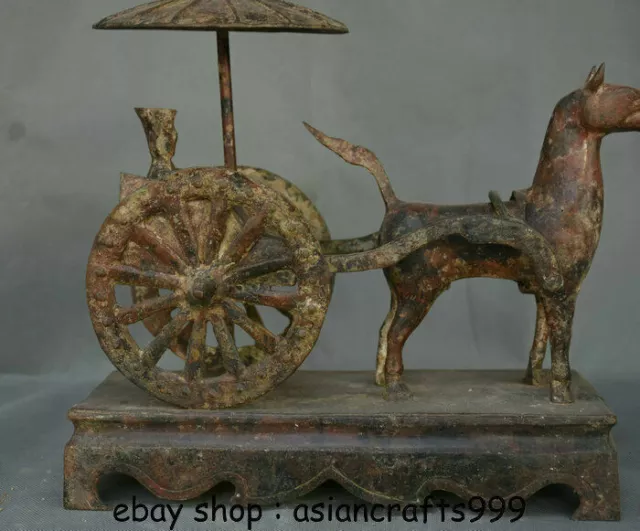12.6 "Dynasty Bronze Ware alte offizielle Pferd gezogen Straßenbahn Statue 3