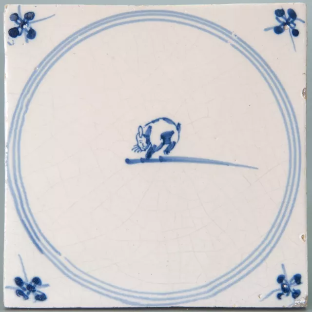 Nice Dutch Delft Blue animal tile, rabbit in a circle, circa 1800.