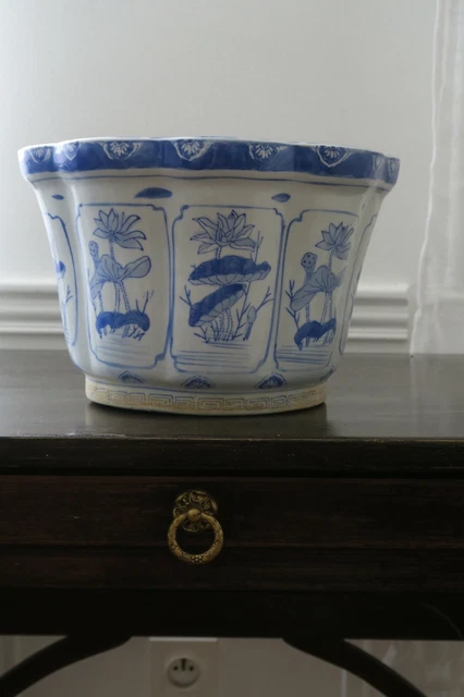 Ancien Cache-pot Blanc Décor Bateau Vague Bleu Ciel – Fleur
