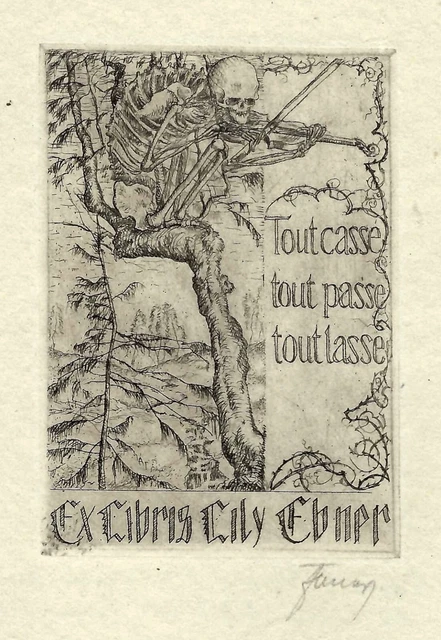 Ernst Emil Ebner: Exlibris / Geige spielender Tod auf Baum Ernst Emil Ebner: Exlibris / Geige spielender Tod auf Baum