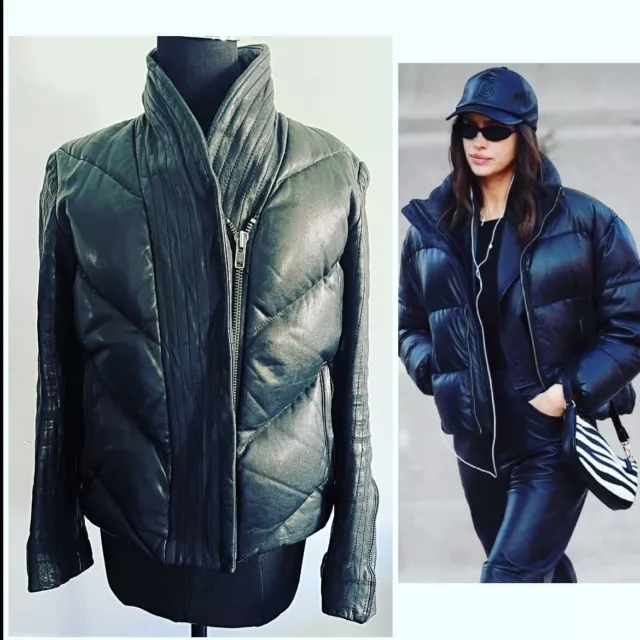 Helmut Lang Lambskin Leather Quilted Shawl collar MOTO Puffer Jacket Black S