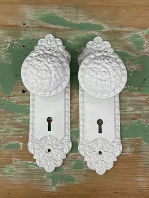 Antique Vtg Door Knob Set Victorian Art Deco Ornate 2 Back Plates Painted White