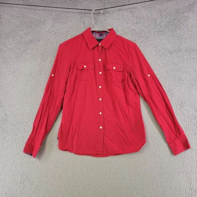 TOMMY HILFIGER SHIRT Womens S Small Red Polka Dot Button Up Long Sleeve ...