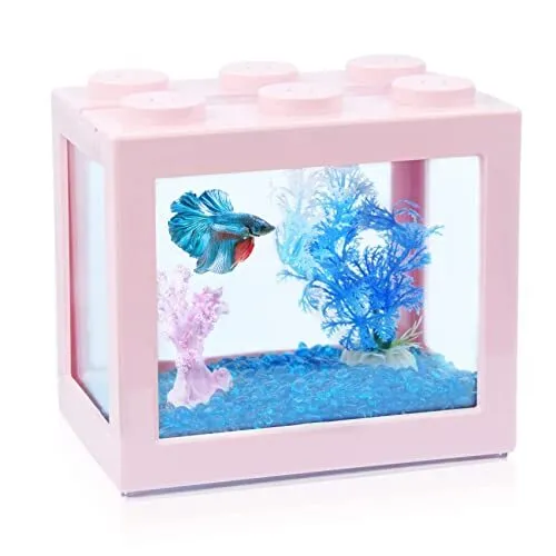 Small Betta Fish Tank, Stackable Mini Fish Tank Aquarium Tank Kit, 3/5 Pink