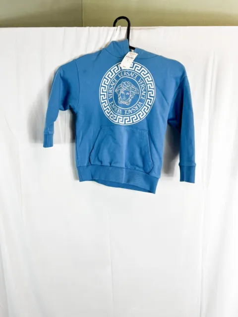 Versace sky Blue with White logo print hoodie sweat shirt size 4 $290