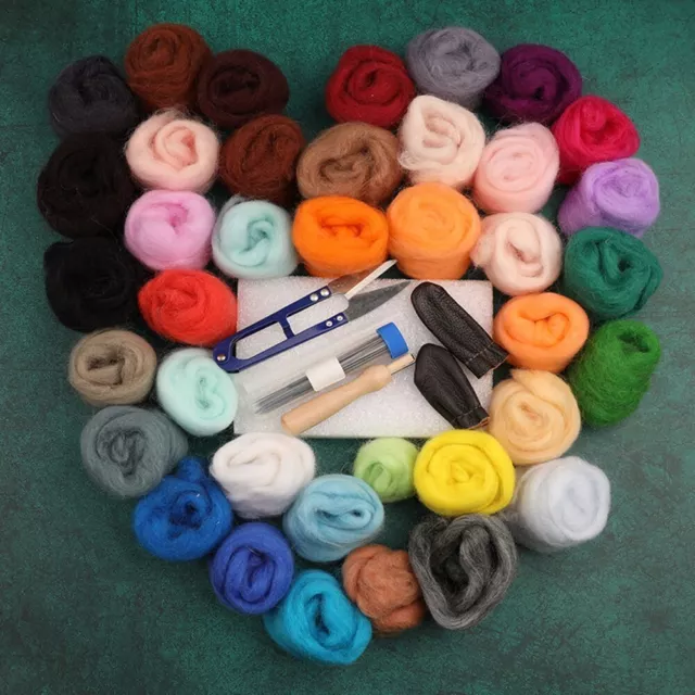 Multicolors Wool Soft Fibre Roving Set+ Needle Felting Kit Hand Craft Sewing DIY