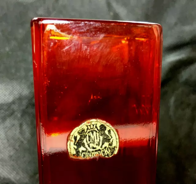 Red and Clean Glass Square Block Cut Vase 7" Chadwick Mid Century MCM