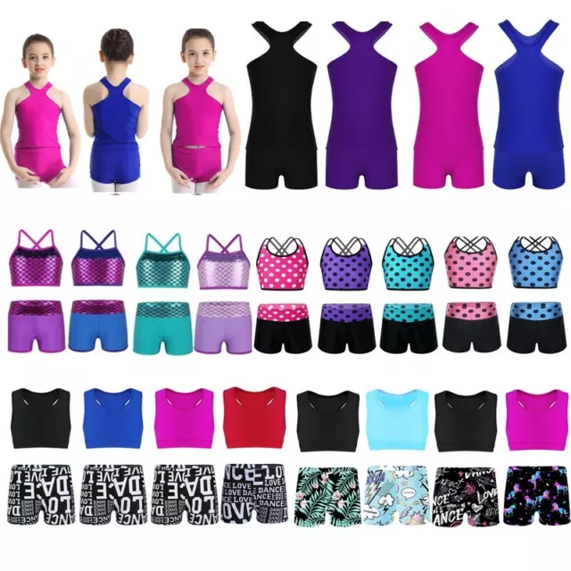 Kids Girls Gymnastics Ballet Dance Suit Athletic Crop Tops Shorts Set Tracksuit