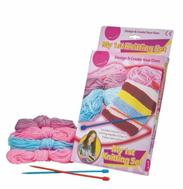 My First Knitting Set Coloured Wool Needles Children's Crafts Kit Girls Kids 1st
