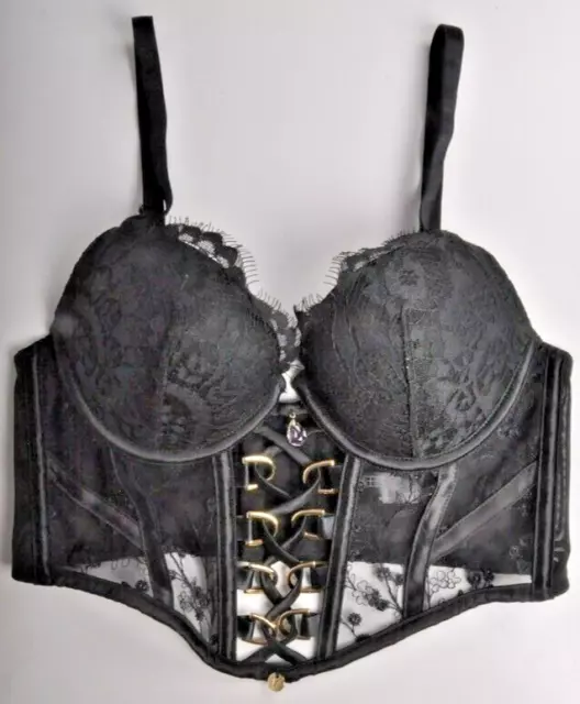 Vamp size 10 b 10B black GOLD lace up PINK GEM floral lace corset Bustier