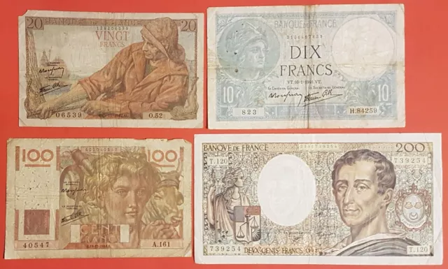 Lot 4 billets - 10, 20, 100 & 200 Francs - FRANCE -
