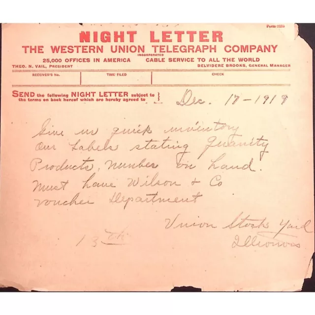 1919 Western Union Telegraph Night Letter Union Stock Yard Illinois Z132 2