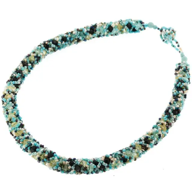 Mixed Beads Tube Hand Beaded Turquoise Peacock Beige Glass Beads Necklace, 18"