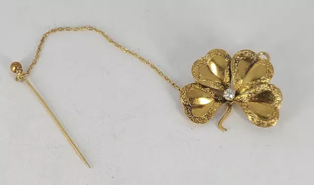 Antique Victorian 14K Yellow Gold Engraved  4 Leaf Clover Pendant Pin w/Diamond