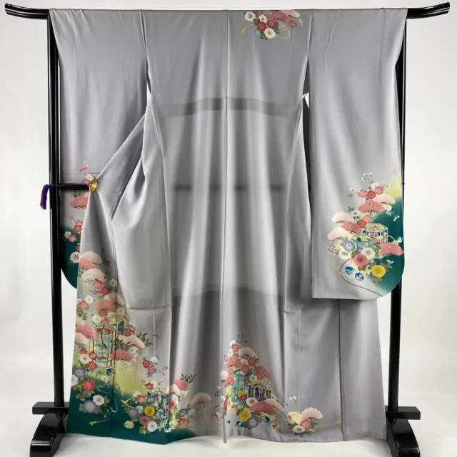 Japanese kimono SILK"FURISODE" long sleeves, Embroidery with flower,L66".2776