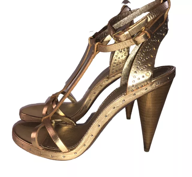 BURBERRY Hans Runway Gold Studded T-Strap Cone Hand Painted Heel Sandals 10 40