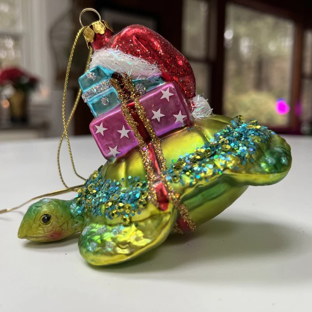 Christmas Ornament Sea Turtle Glass Gift Presents Santa Hat Nautical Ocean Beach