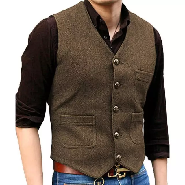 Men Retro Tweed Waistcoat Wool Blend Formal Herringbone Suit Vest Slim Fit Tops