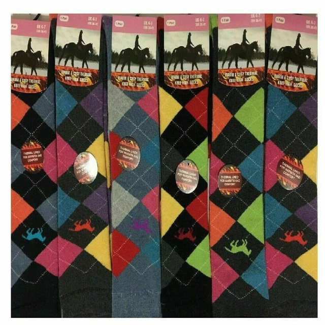 Womens Winter Argyle Horse Design Knee high Horse riding Socks UK 4-7 lot