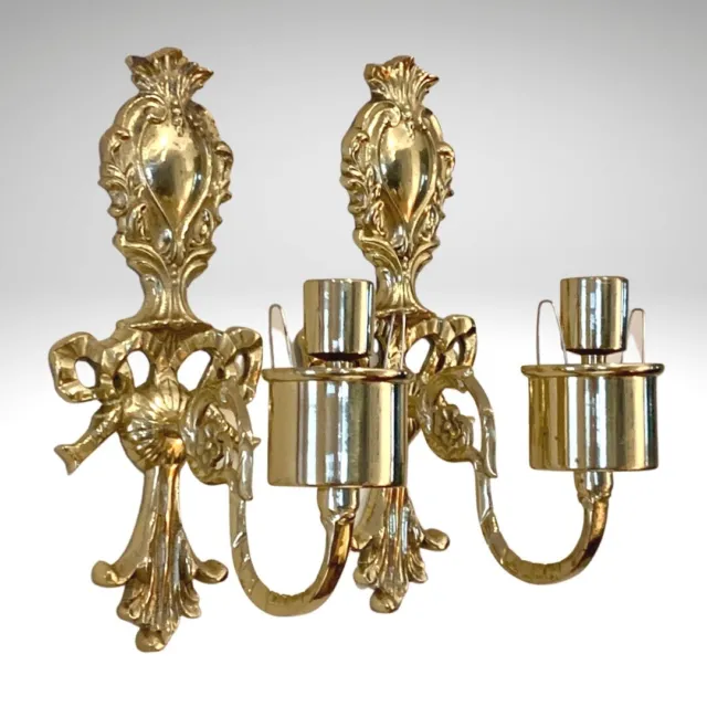 Brass Victorian Candle Holders Wall Sconces Ornate French Country Pair Vintage