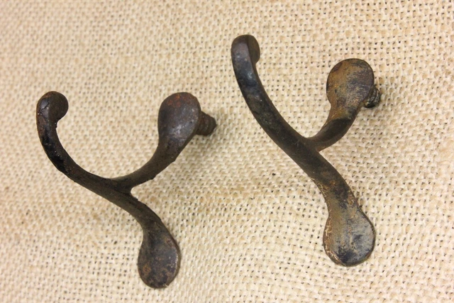 2 Old Single Coat Hooks School Farmhouse Clean Cast Iron Vintage 1850’s Screw in