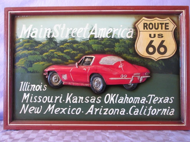 Quadro Pannello Pubblicitario "Route 66" In Legno A Rilievo - Vintage Usa - Raro