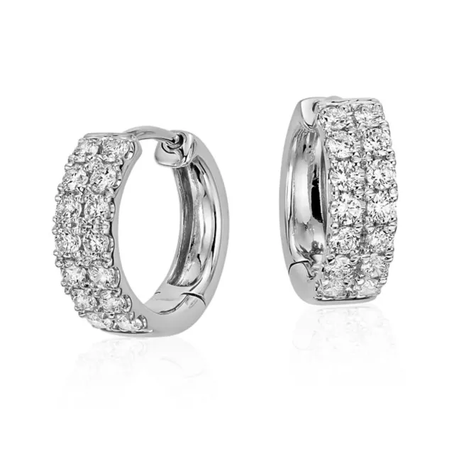 Iced Cz Two Row Cz White Gold Plated Sterling Silver Men's Hoop Earrings