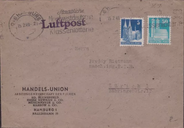 BIZONE Bauten - BuF Auslandsbrief Luftpost HAMBURG - Schweiz Zürich 15.02.49