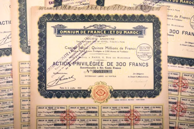 Omnium De France Et Du Maroc Action Privilegiee 300 Francs 1923 X 65 Actions