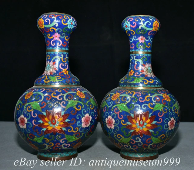 10.4" Old Chinese Bronze Enamel Cloisonne Dynasty Flower Garlic Head Vase Pair