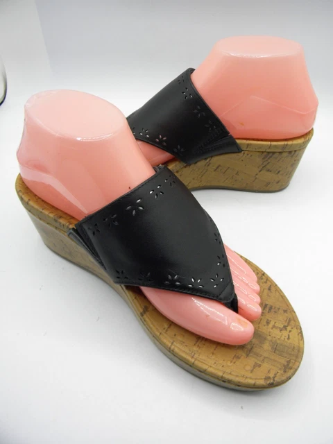 Vionic ANITRA Black Leather Platform Wedge Slide Thong Sandals Size US 8
