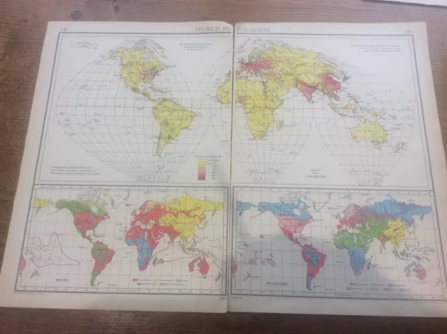 1942 Vintage John Bartholomew Atlas Map 20” World Population Races & Religions
