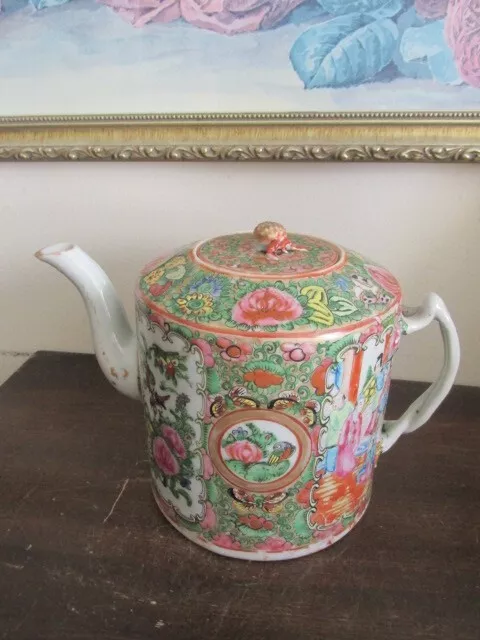 Early 19th Century Chinese Export Rose Medallion Branch Handle Porcelain Tea Pot