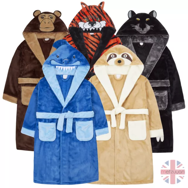 Boys Wild Animal Character Cartoon Robe Face Hooded Dressing Gown 7-13 Years UK