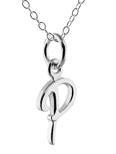 "Sterling Silver Tiny Initial Letter P Charm Necklace 18 Chain Cursive Handwr...