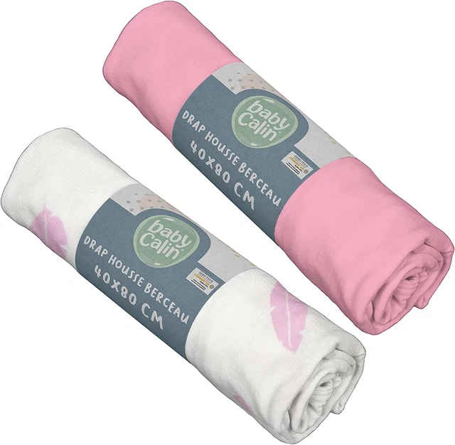 Babycalin - Lot De 2 Draps Housse 40X80Cx7M Rose/Plumes Roses Certifié OEKO-TEX