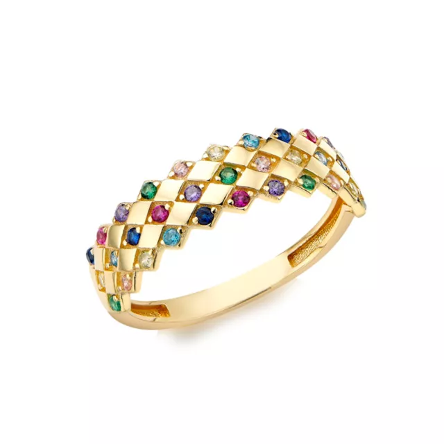 9ct Gold Mersham Jewels Rainbow Pastel CZ Rhombus Clown Crown Ring 5mm
