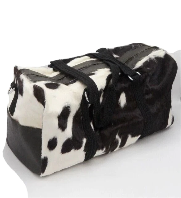 Cowhide Airport Luggage leather Travel Duffle Bag hair On Black & White