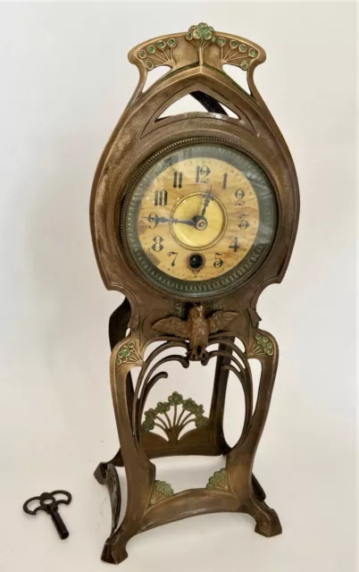 Antique Table Clock Mantel Floral Art Nouveau Um 1900 Bronze Gelbguss H:3 9cm