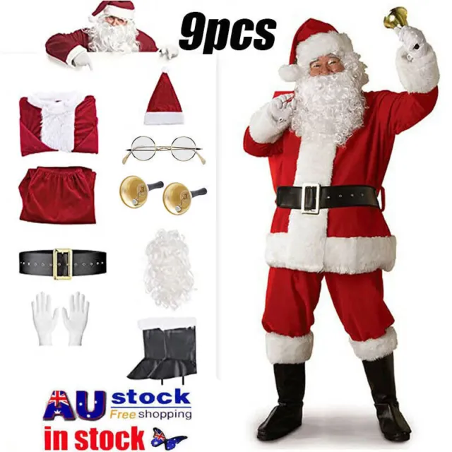 9pc Santa Claus Costume Suit Mens Adult Father Christmas Fancy Dress Xmas Outfit